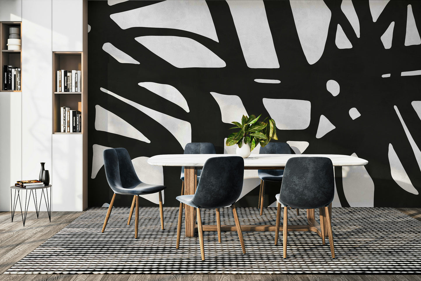 The colors are a dark, sophisticated palette of black and deep gray.

