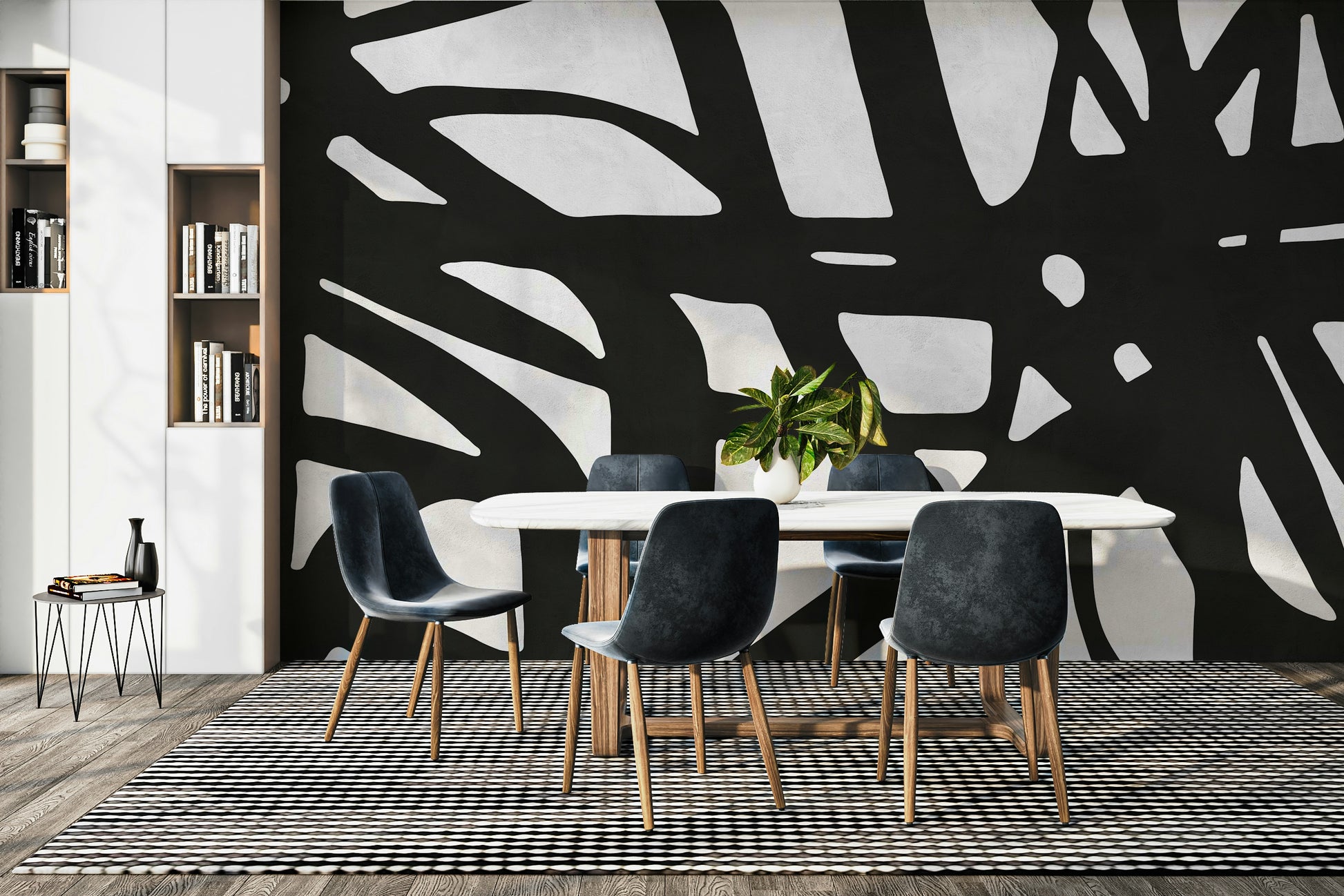 The colors are a dark, sophisticated palette of black and deep gray.

