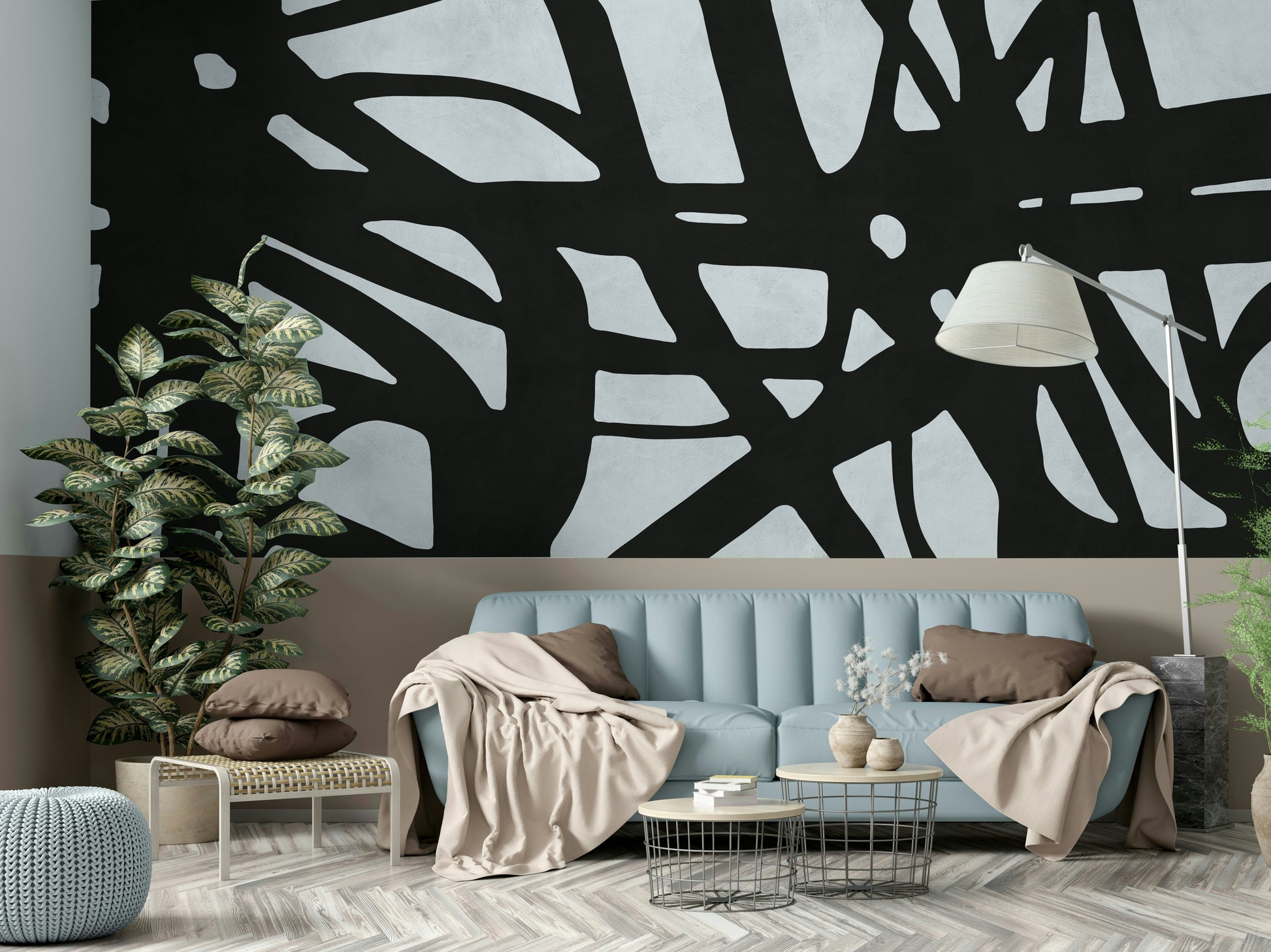 The wallpaper is applied seamlessly, giving the wall a uniform, high-end look.

