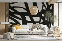 A modern wall mural with a repeating linear pattern.

