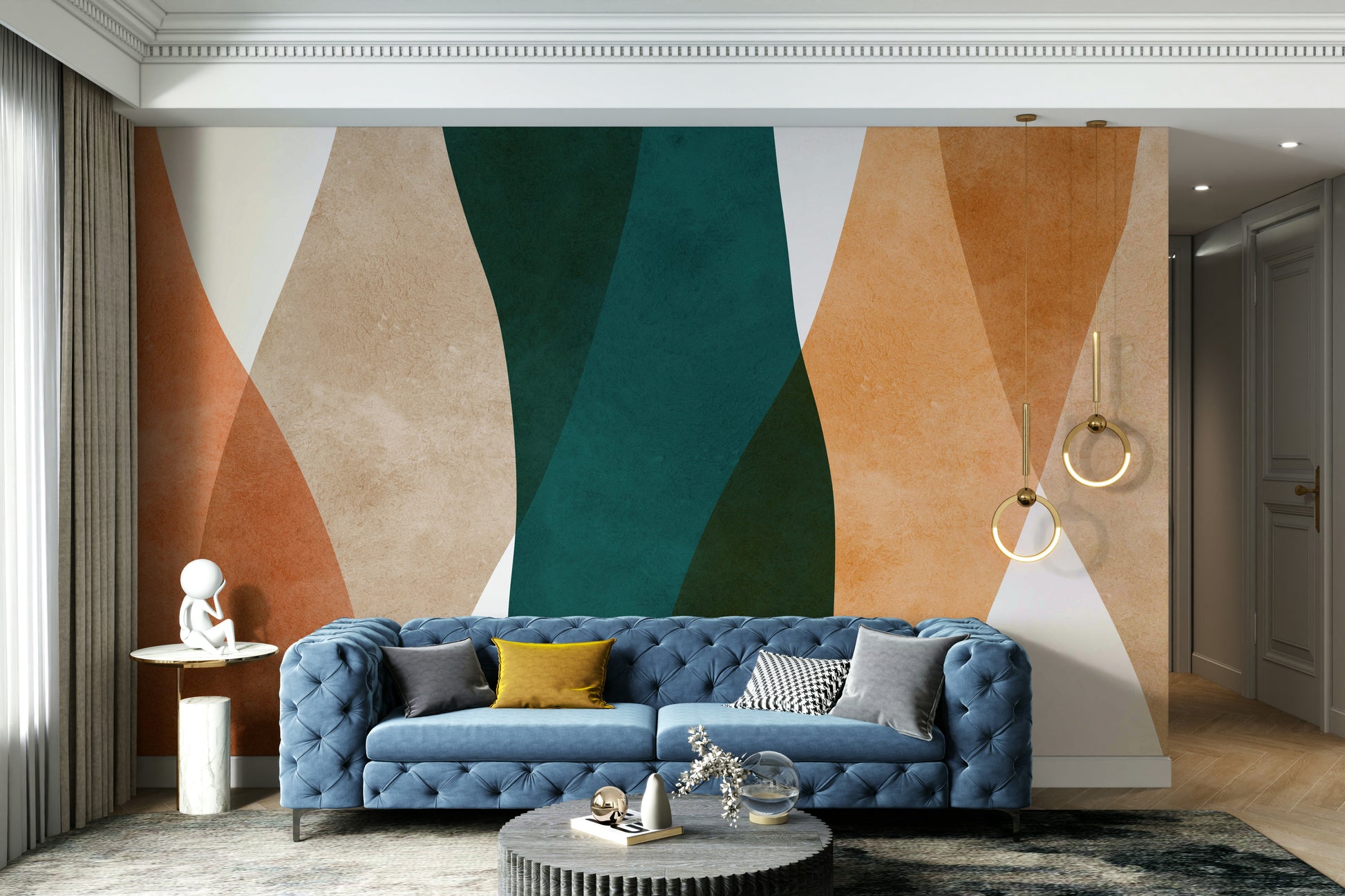 The wallpaper is applied seamlessly, giving the wall a uniform, high-end look.

