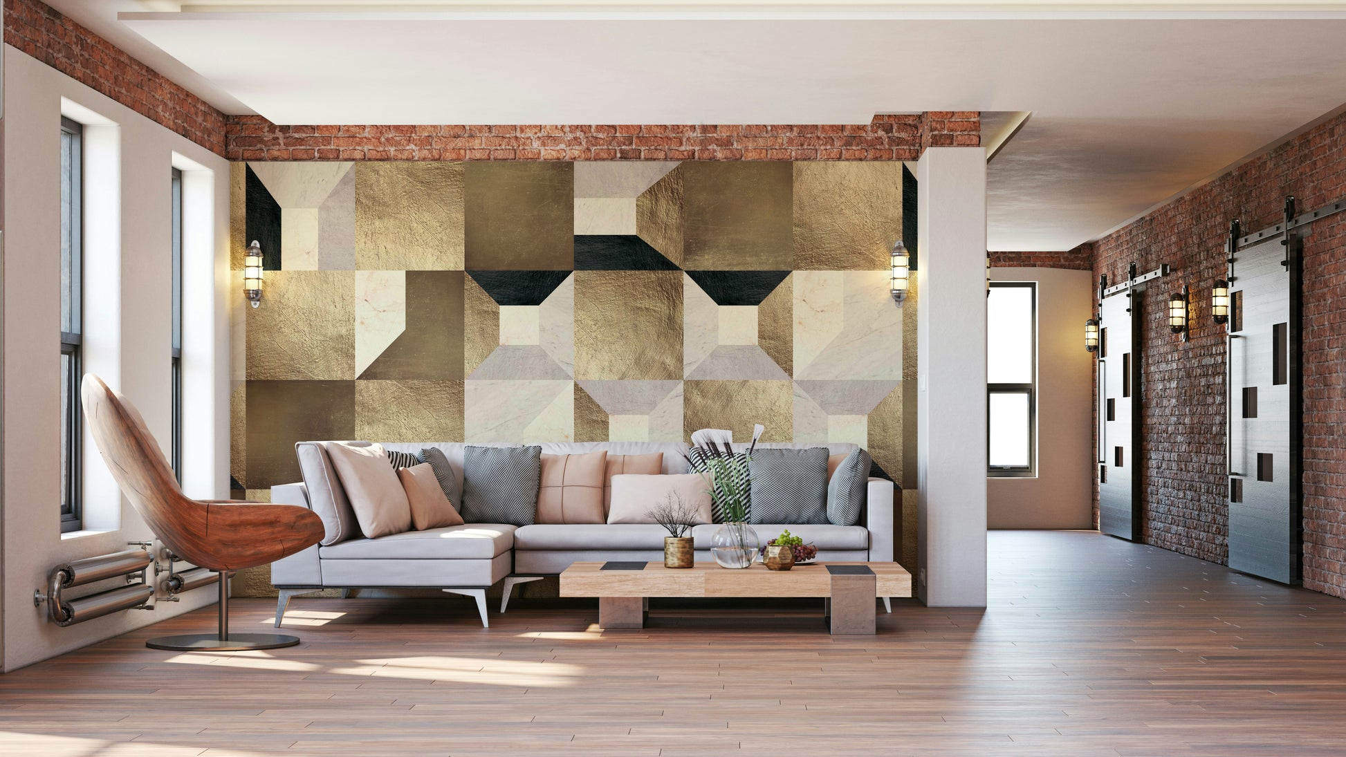 A modern wall mural with a repeating geometric pattern and a gilded effect.

