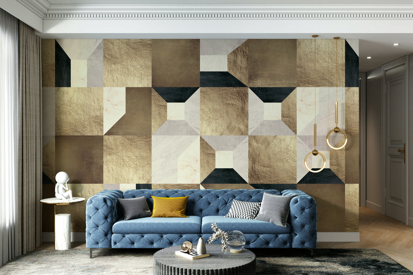 The style is geometric and has a luxurious, contemporary feel.

