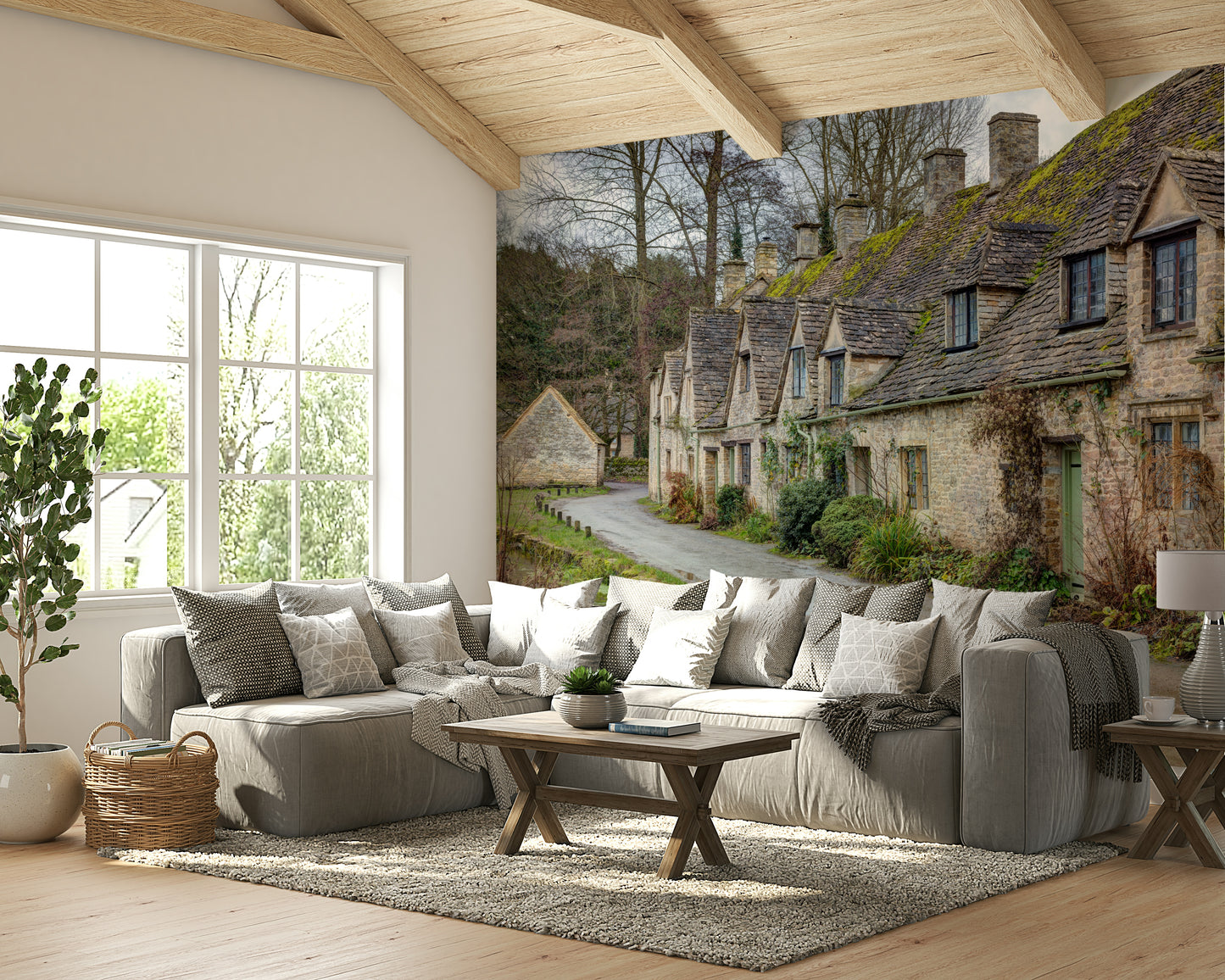 A small, clear stream and a wet, unpaved road run alongside the cottages.

