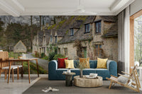 The scene has a peaceful, serene, and charming cottage-country feel.

