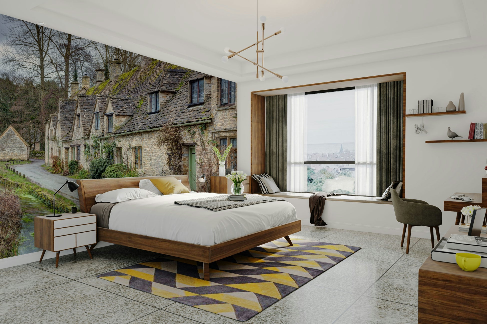 A close-up view of a stone cottage with a small window.

