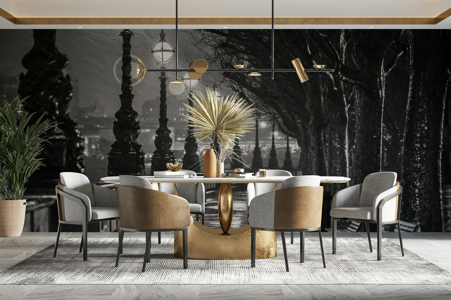 The scene has a peaceful, serene, and classic London feel.

