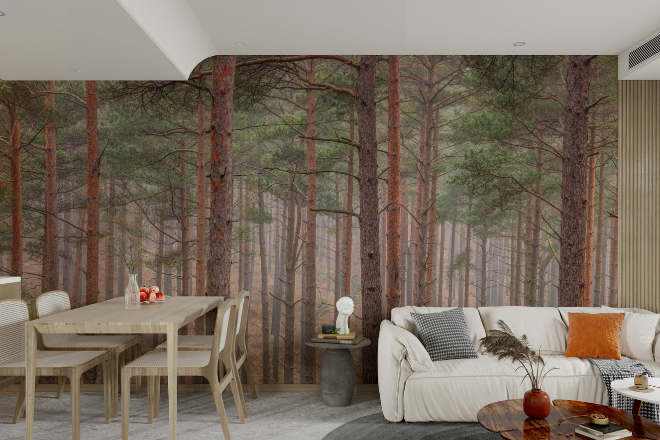 A high-resolution wall mural of a serene, soft-focus forest scene.

