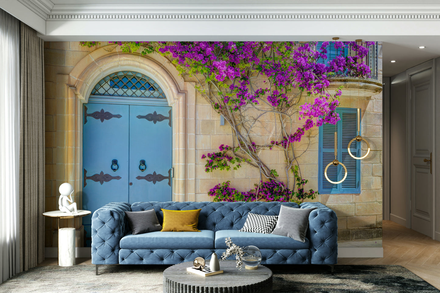 A photo-realistic wall mural of a door covered in bougainvillea flowers.

