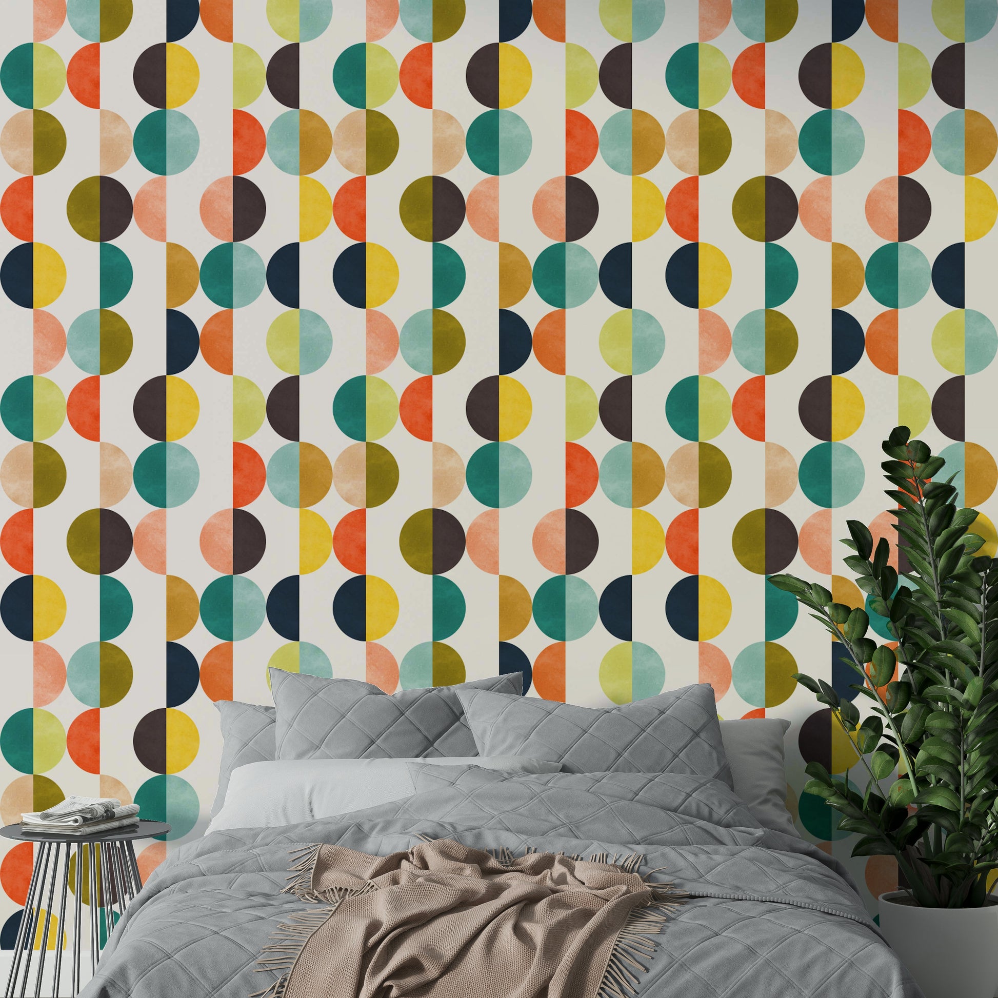 The wallpaper is applied seamlessly, giving the wall a uniform look.

