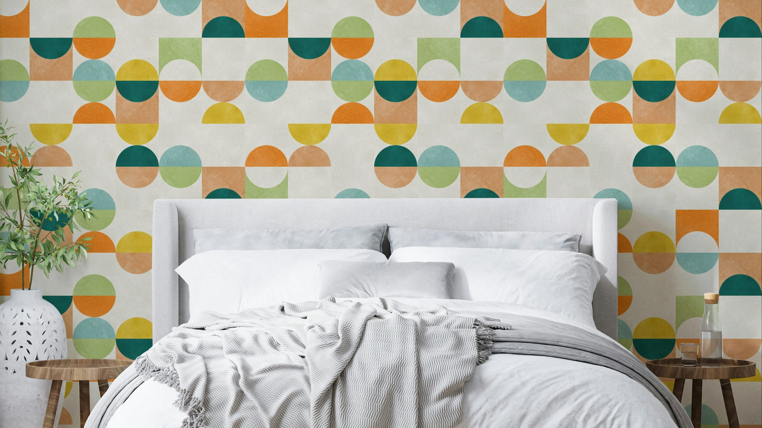 A mid-century modern wall mural with a repeating pattern of geometric shapes.

