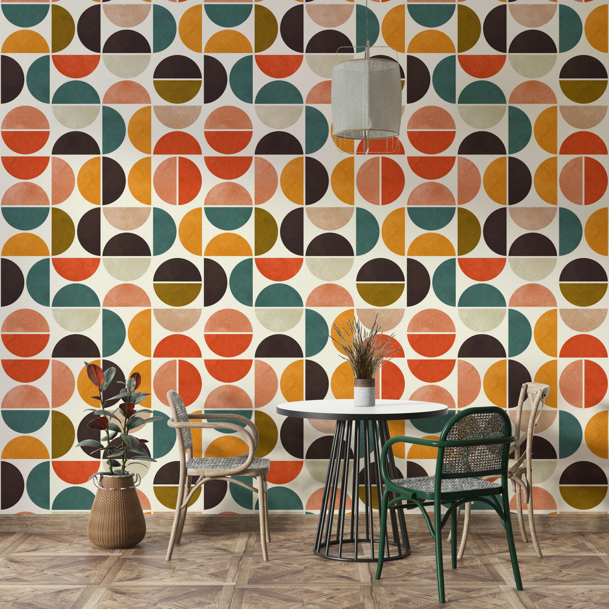 The wall mural is installed on a living room feature wall.

