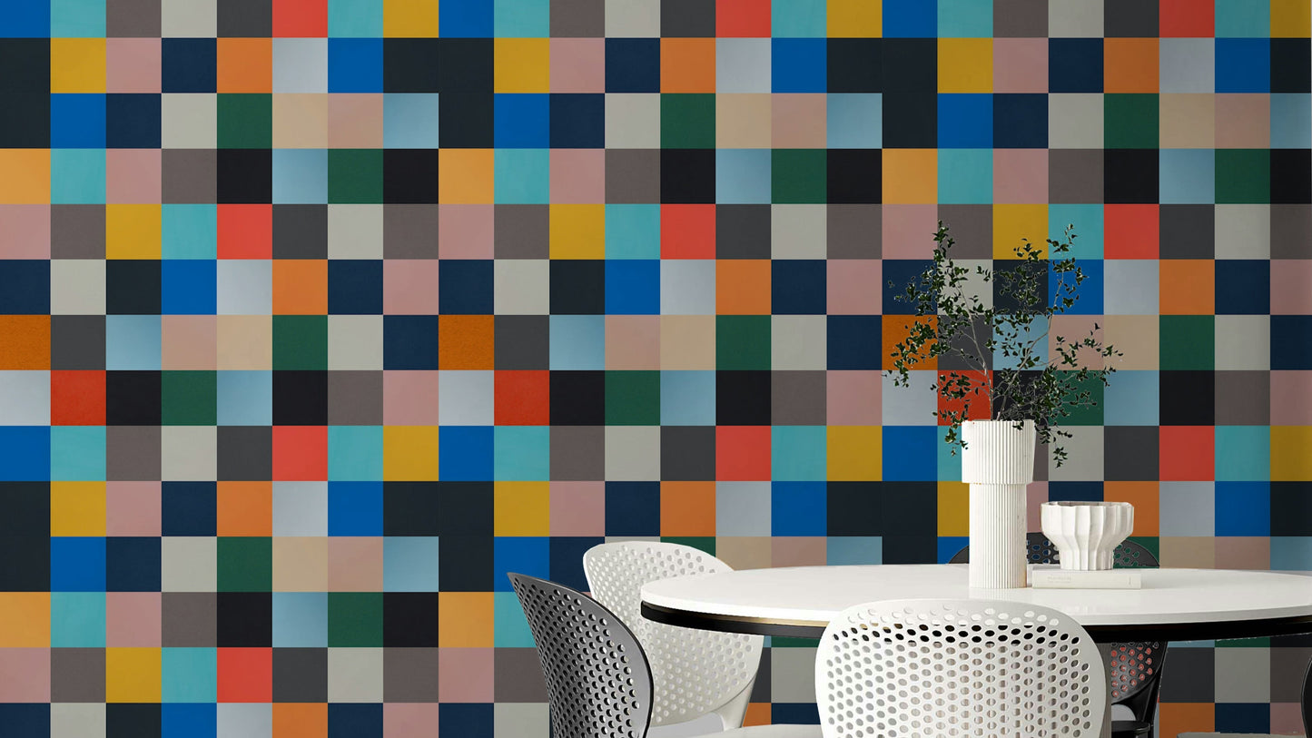 A modern wall mural with a complex, interlocking grid pattern.


