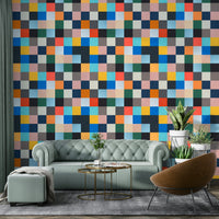 The wall mural is installed on a living room feature wall.

