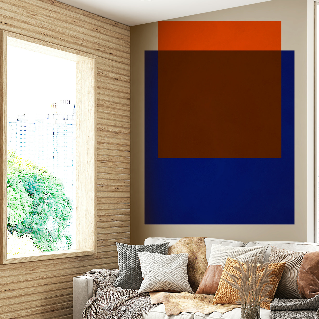 A wall mural with a geometric color block pattern.

