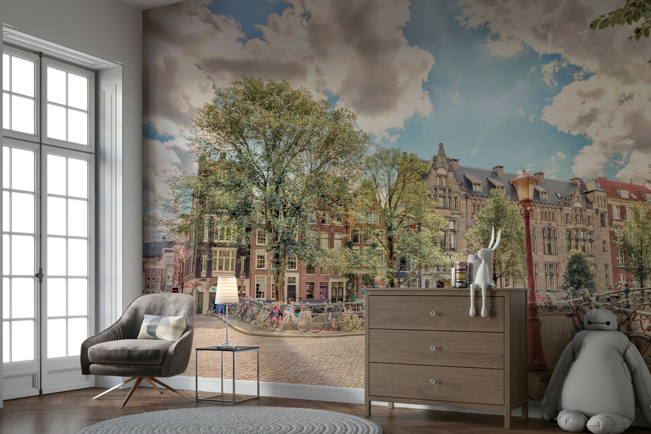 A wall mural of a street scene in Amsterdam.

