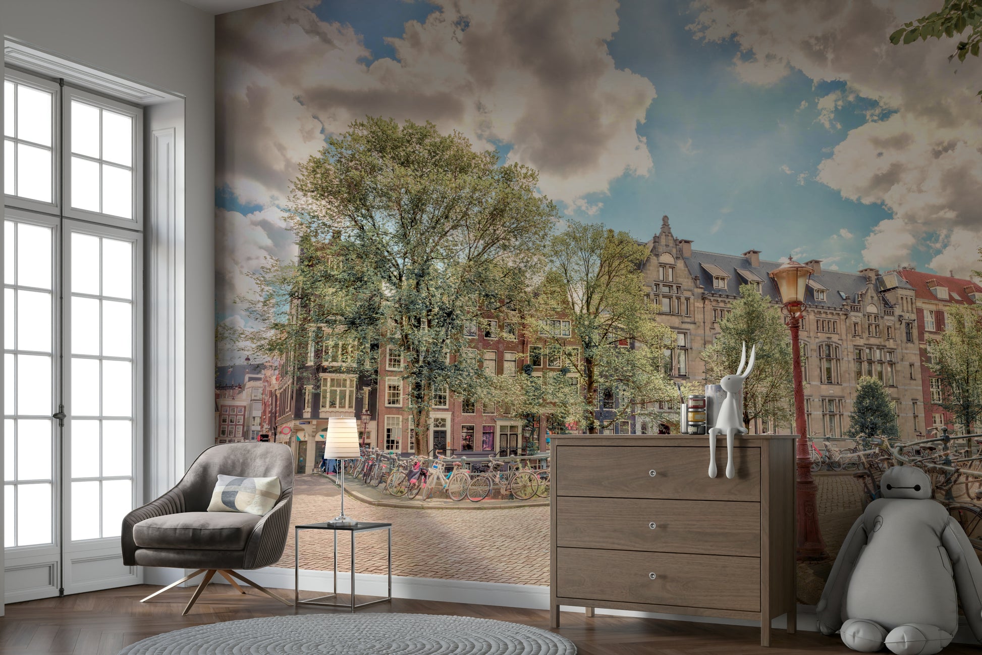 A wall mural of a street scene in Amsterdam.

