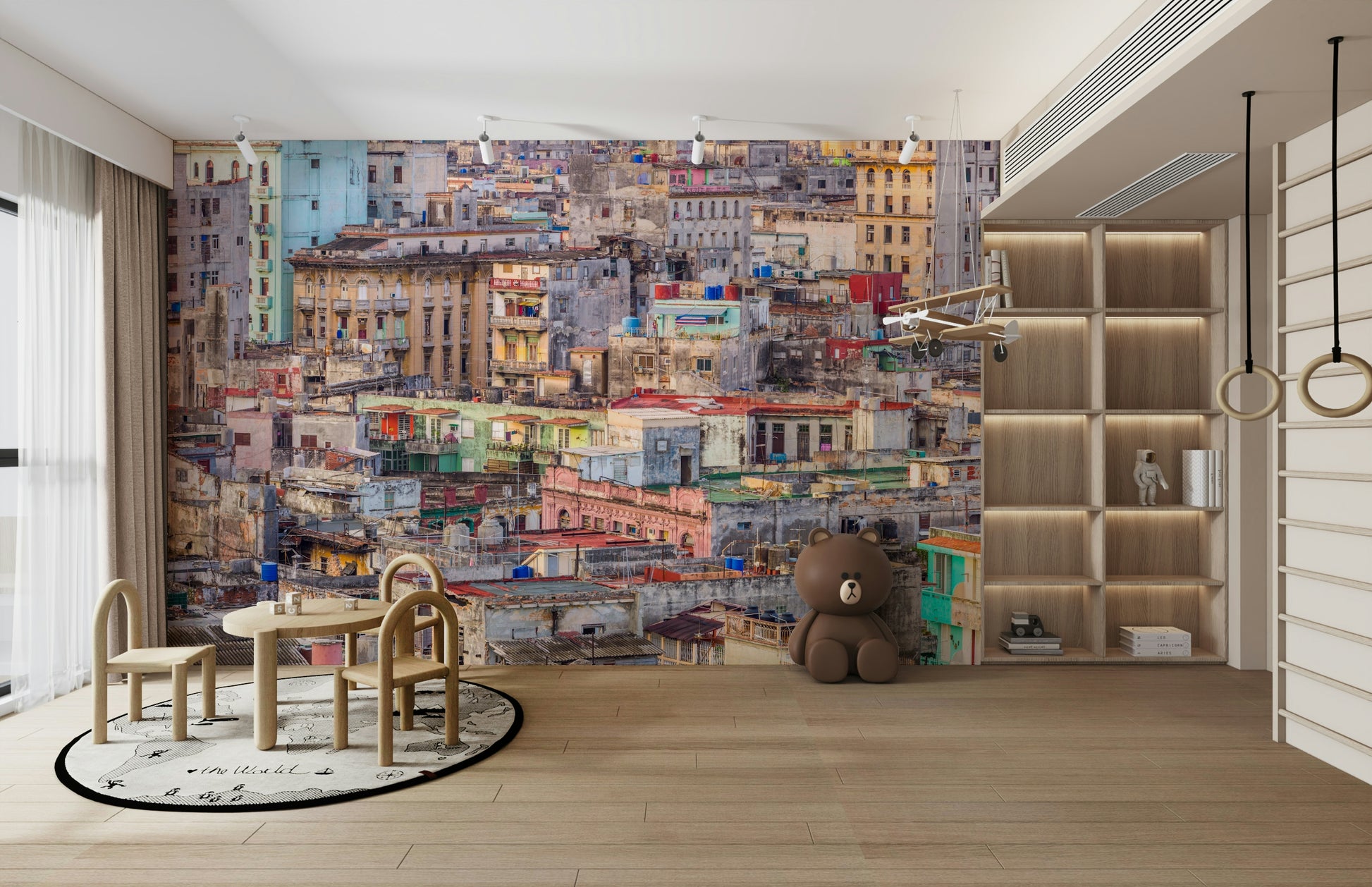 The mural gives a feeling of being in a vibrant city.

