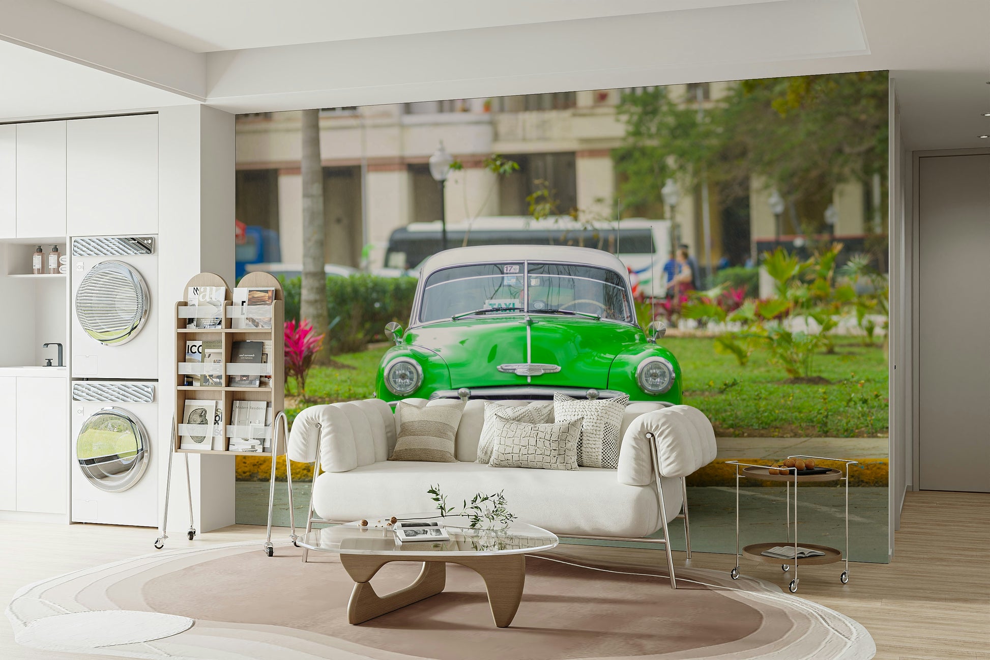 The image features vibrant, classic cars.

