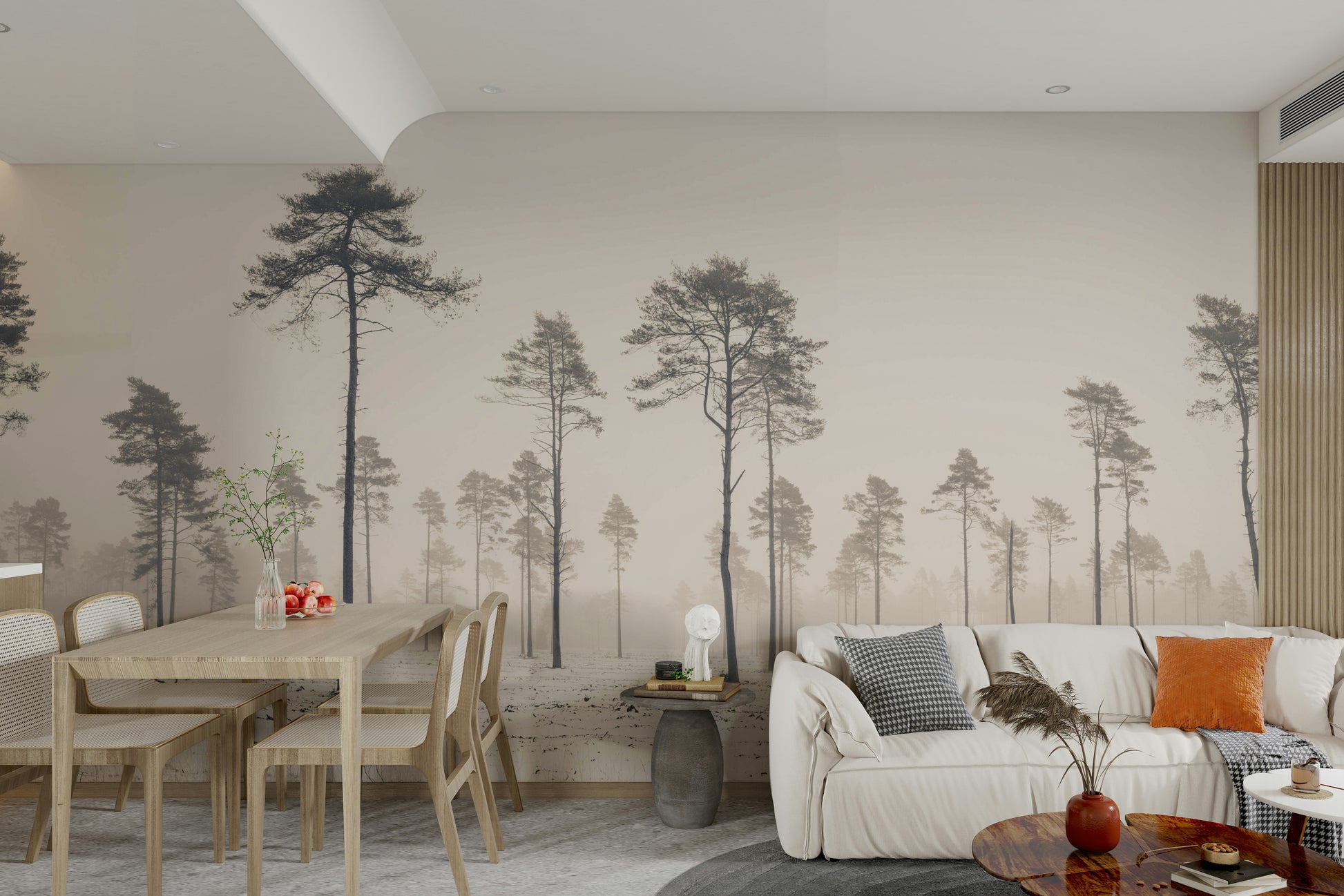 Tall, thin trees stand across a snowy field.

