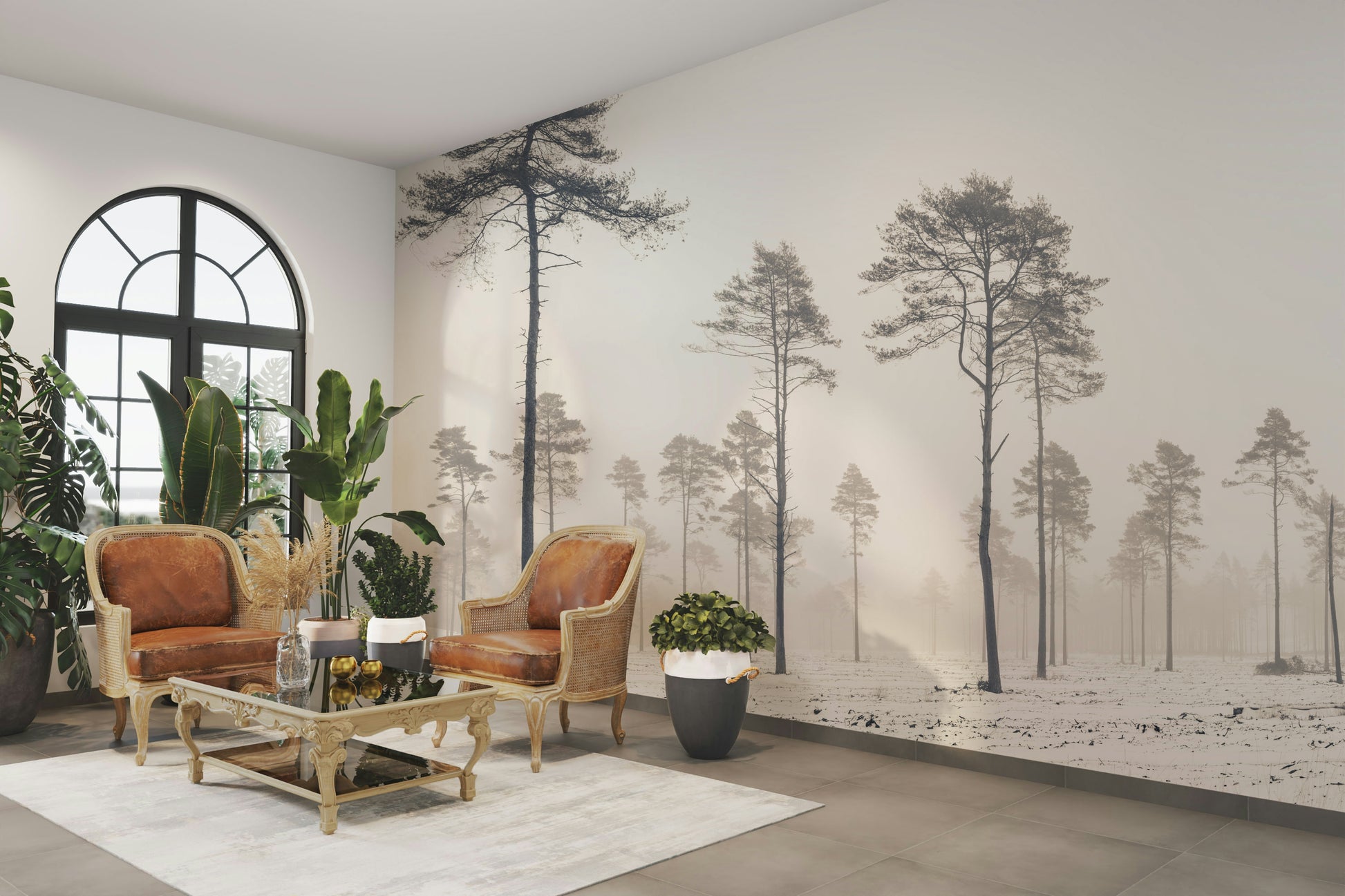 A wall mural of a snow-covered forest.

