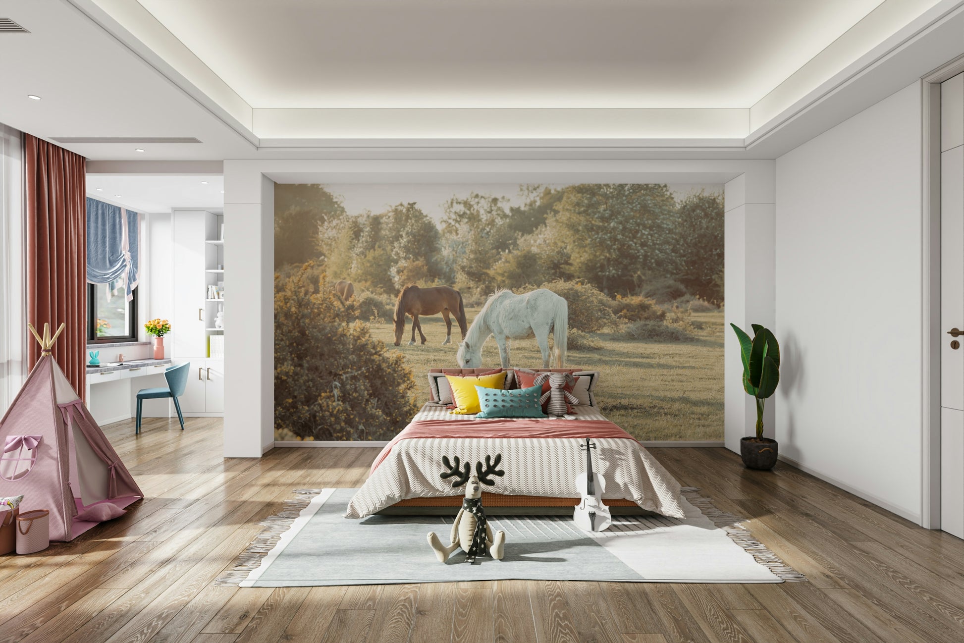 One horse is white, and the other is brown.

