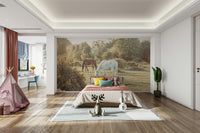 One horse is white, and the other is brown.

