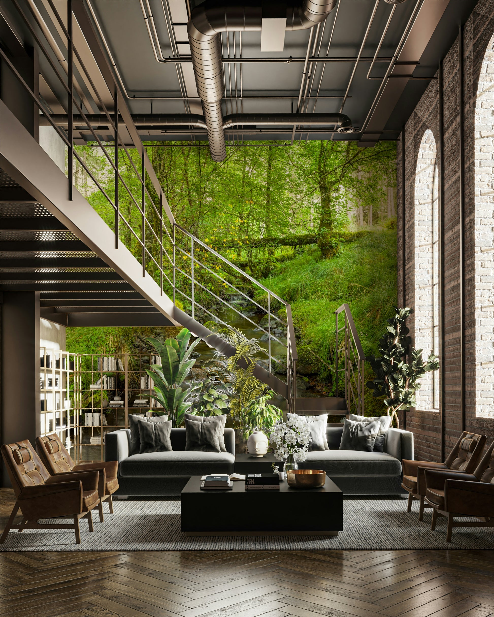 The mural gives a feeling of being in a lush, green forest.

