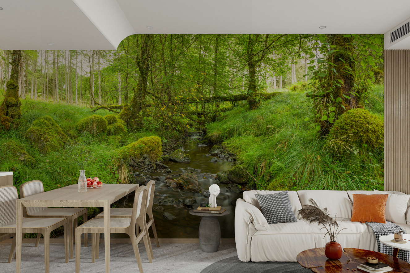 A wall mural of a vibrant emerald forest.

