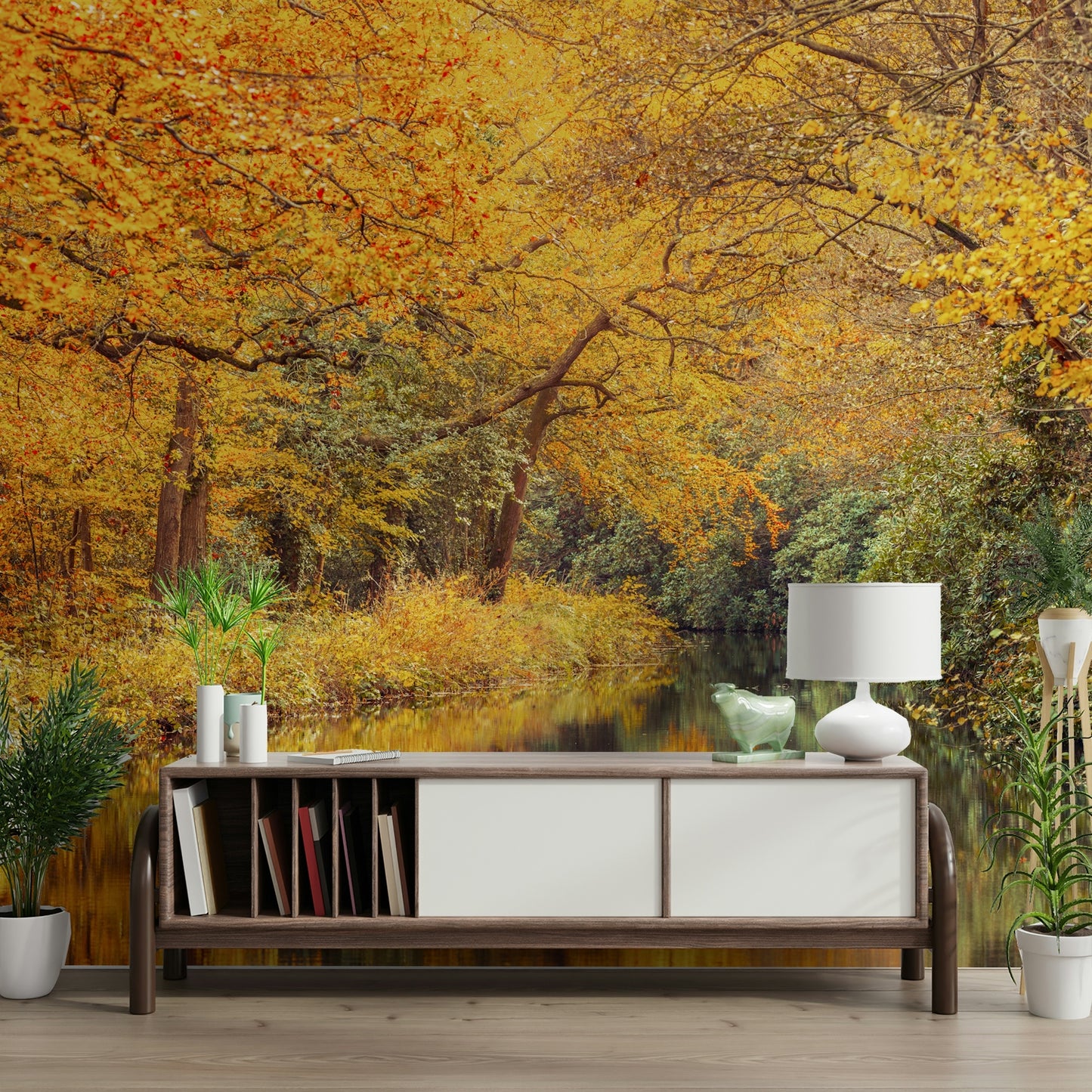 The trees and leaves are golden, yellow, and orange.

