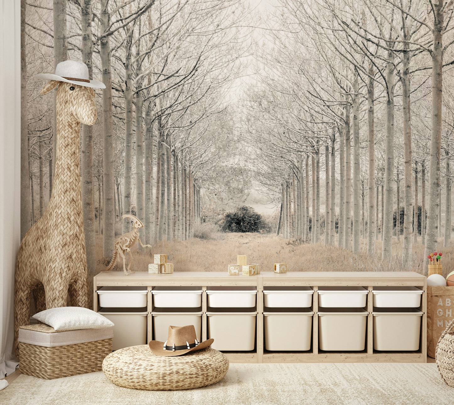 The mural gives a feeling of being in a quiet, cold landscape.

