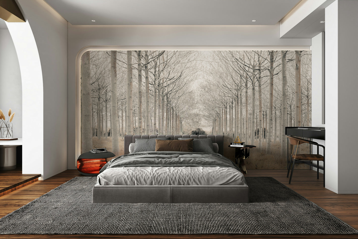 The colors are muted tones of white, gray, and brown.

