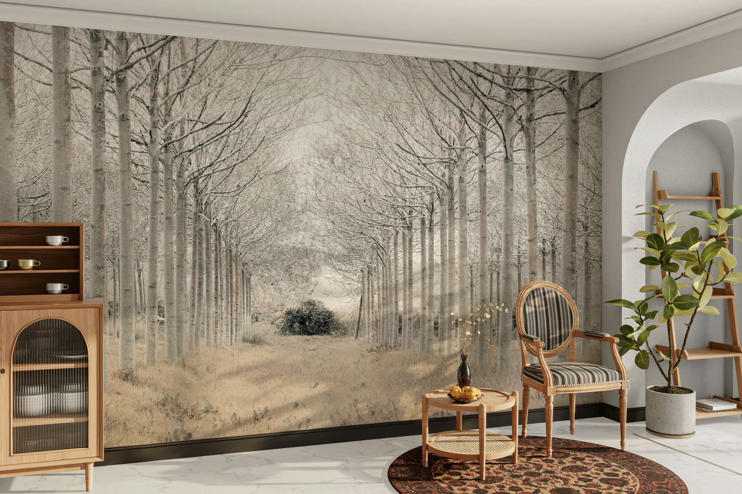 A wall mural of a winter tree alley.

