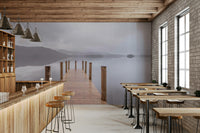 A wall mural of a serene wooden pier.

