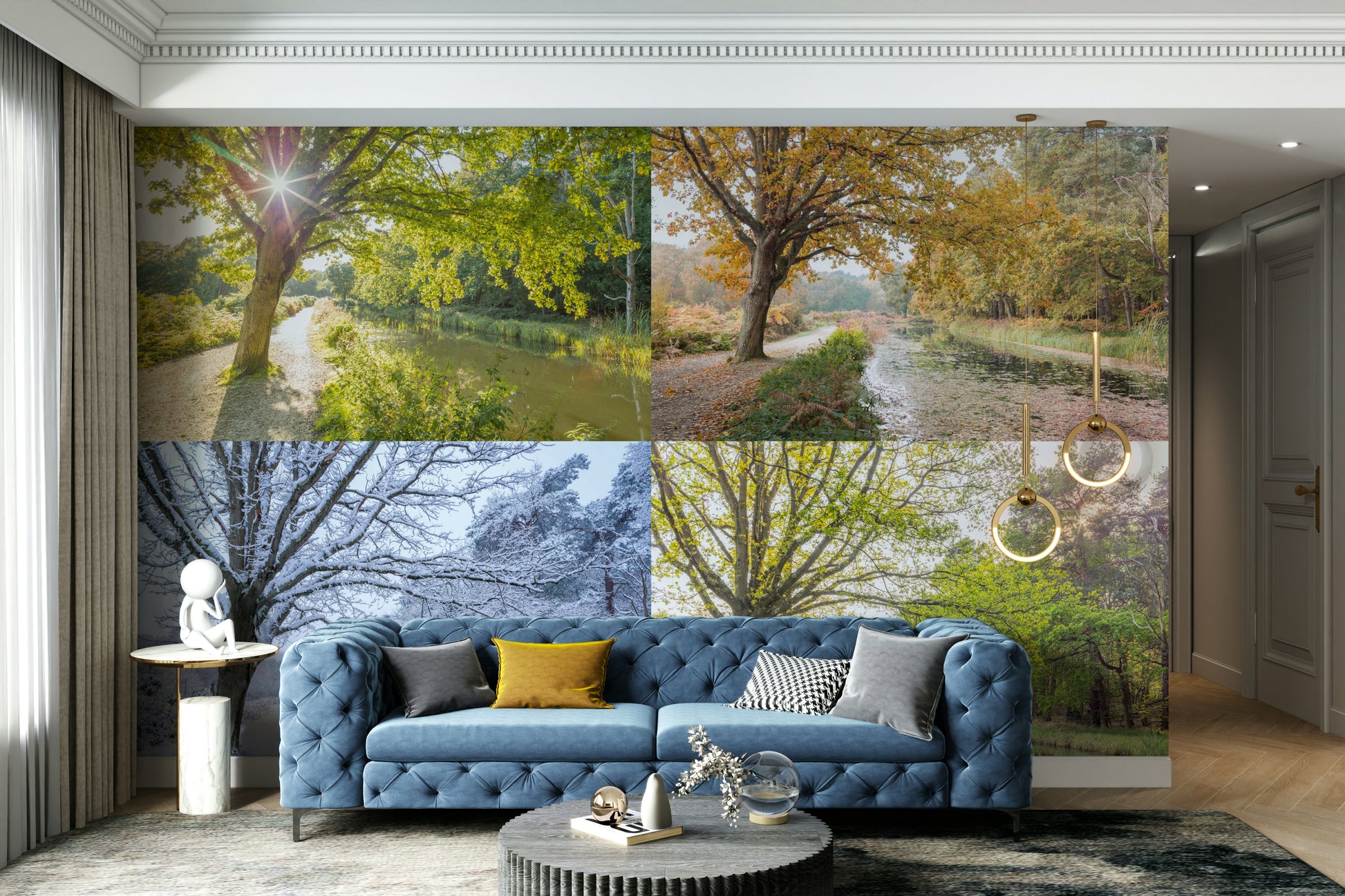 The bottom-left panel is a winter scene with snow.

