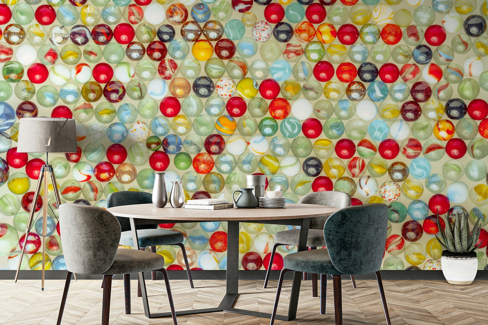 A wall mural with a vibrant marble pattern.


