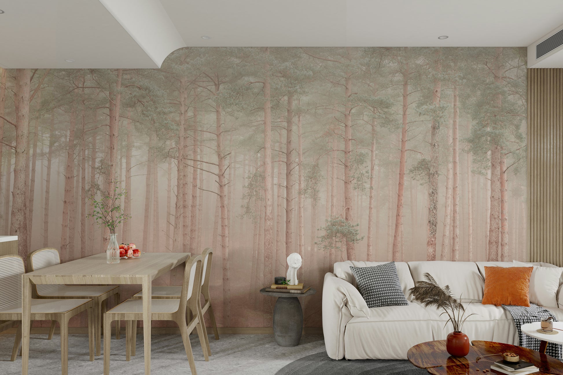 The image shows a dense forest of tall, slender trees.

