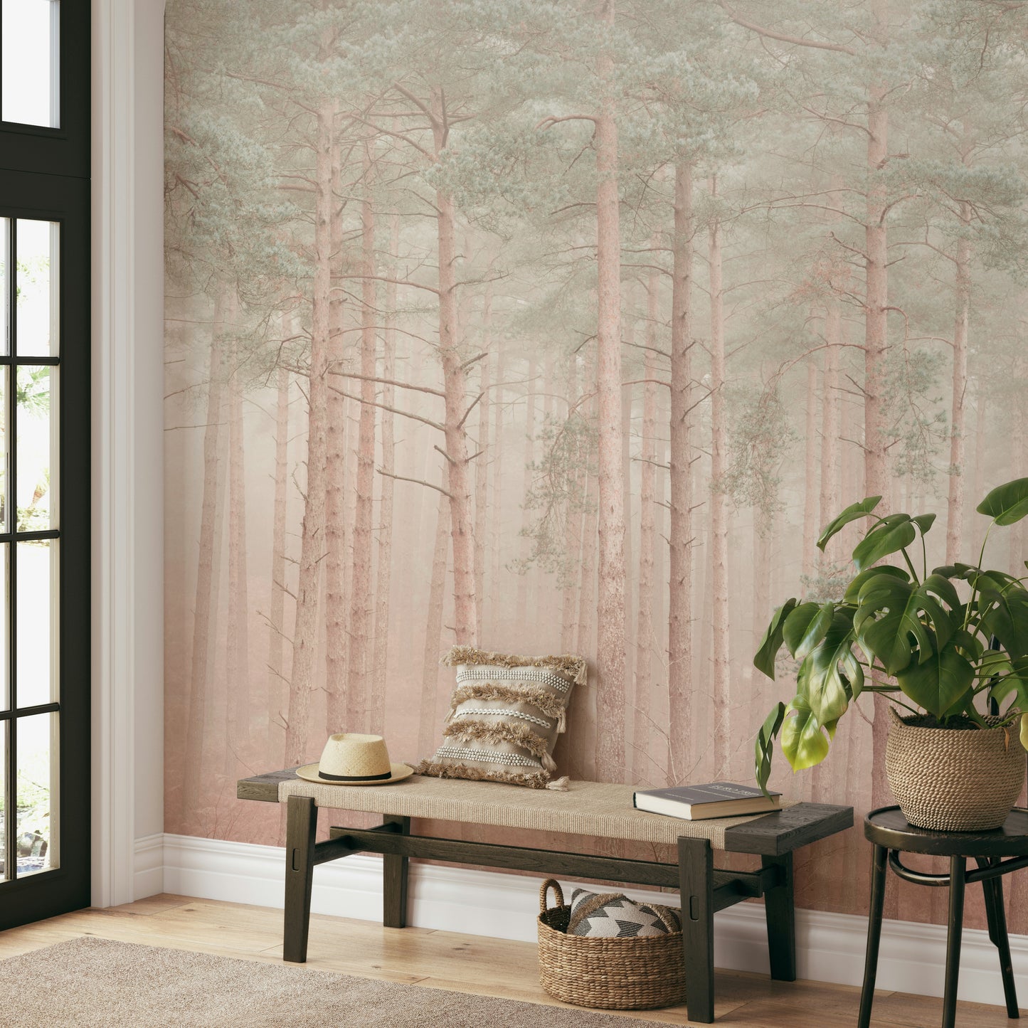 The composition is a repeating pattern of vertical tree trunks.

