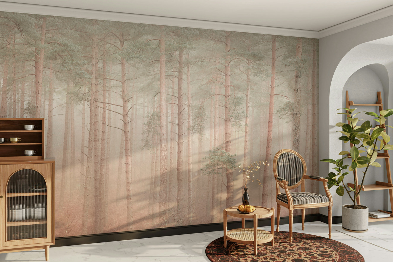 A wall mural of a misty woodlands scene.

