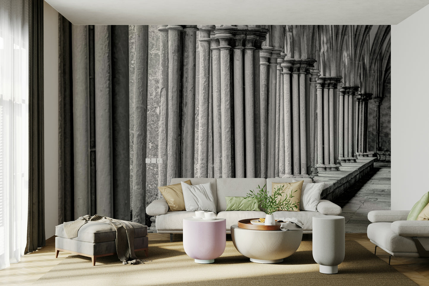 The composition is rhythmic, with a repeating pattern of columns.

