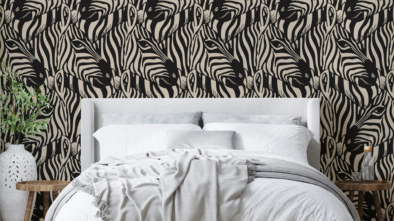 A wallpaper design with a zebra herd.


