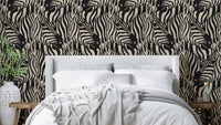 A wallpaper design with a zebra herd.

