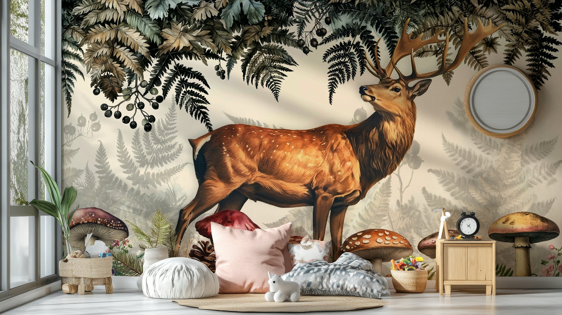 A wall mural of a stag deer in a woodland forest.

