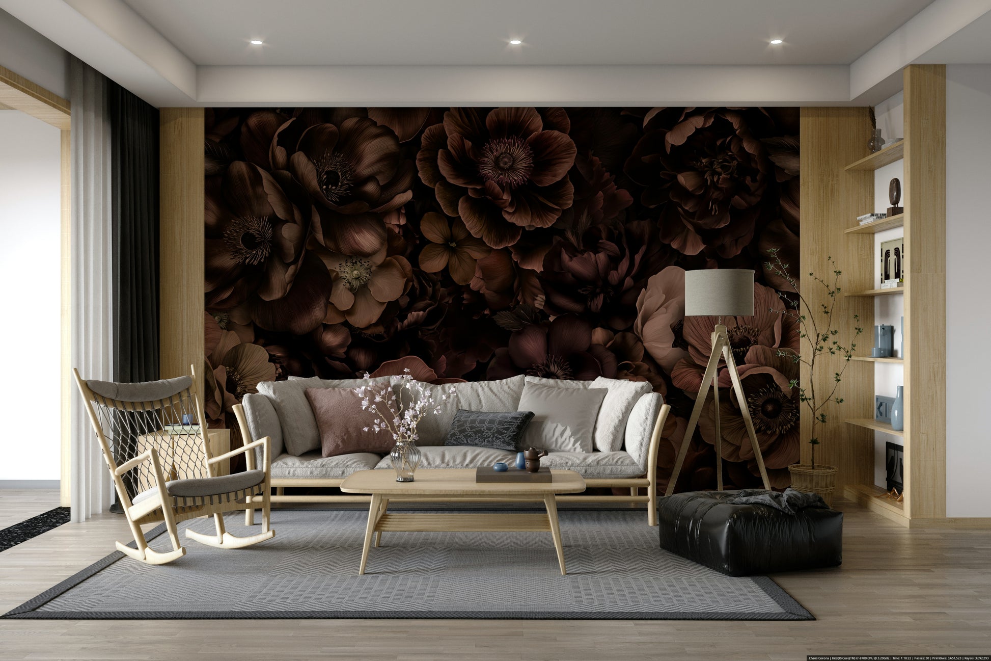 A wall mural of a luxurious floral pattern.

