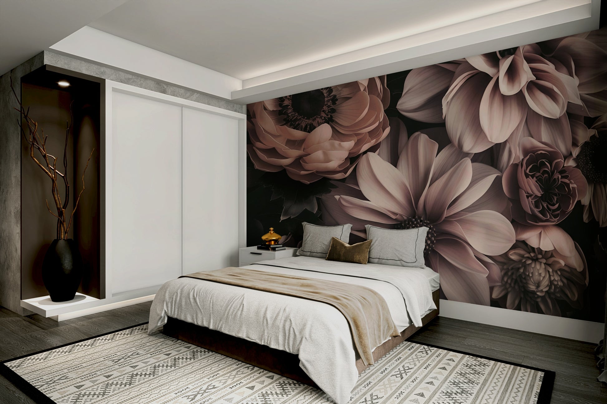 The image shows a repeating pattern of opulent flowers.

