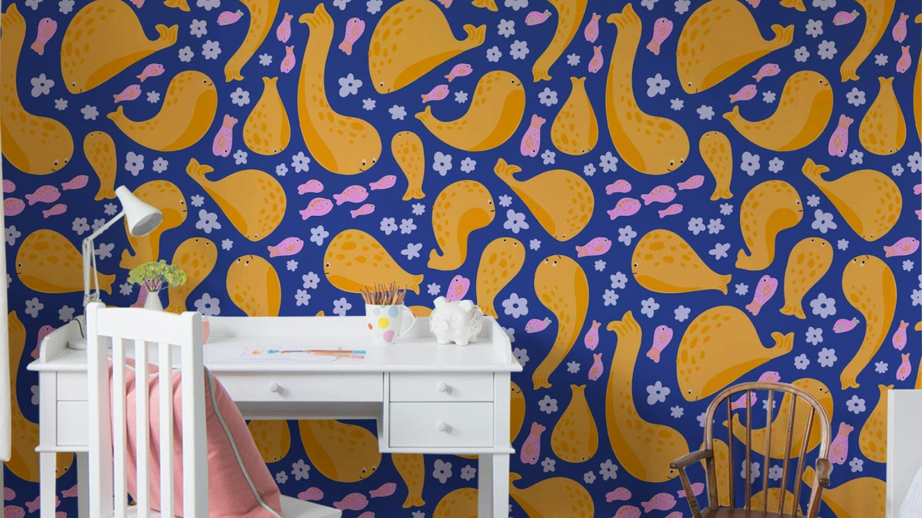 A wallpaper design with a whimsical undersea scene.

