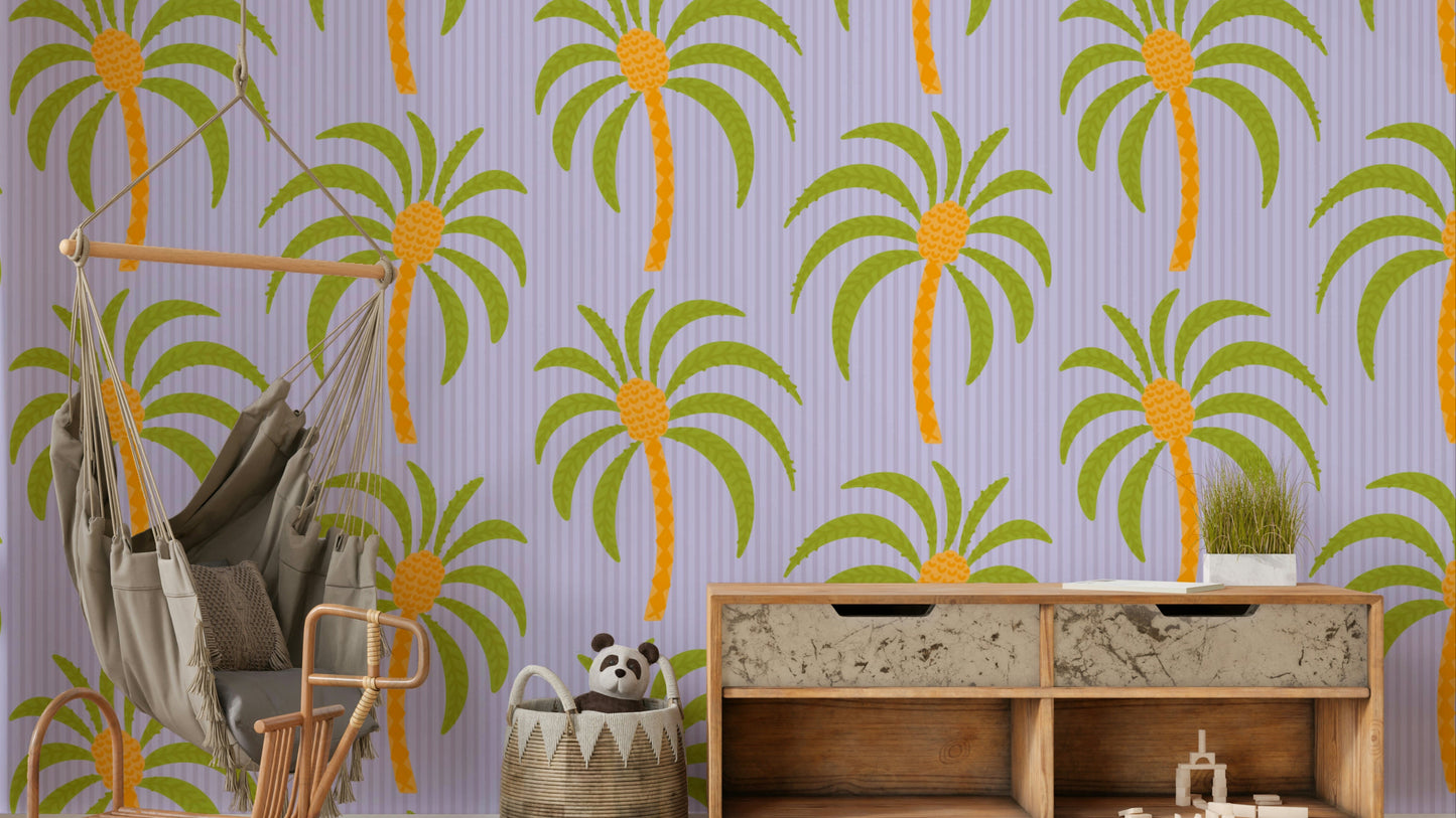 The image shows a repeating pattern of palm trees and stripes.

