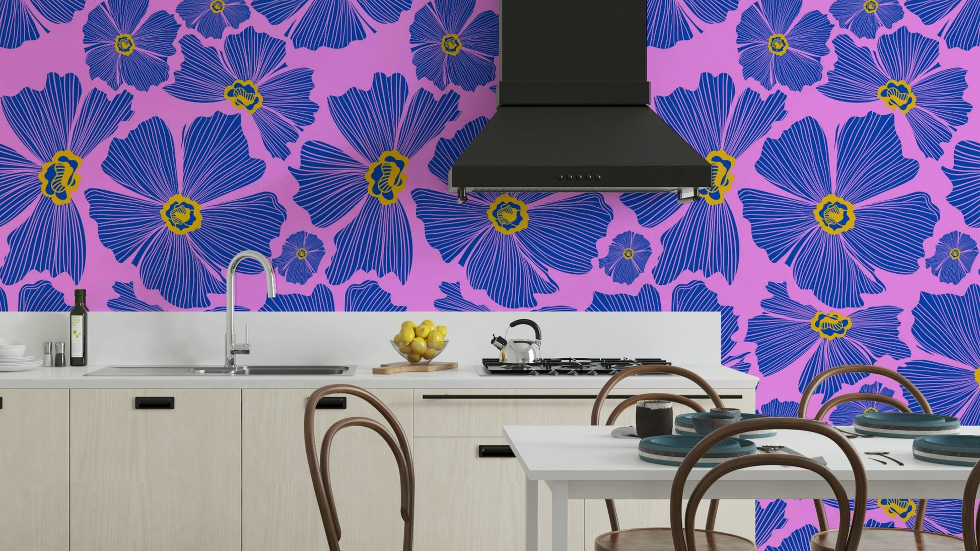 The image shows a repeating pattern of blooming flowers and leaves.

