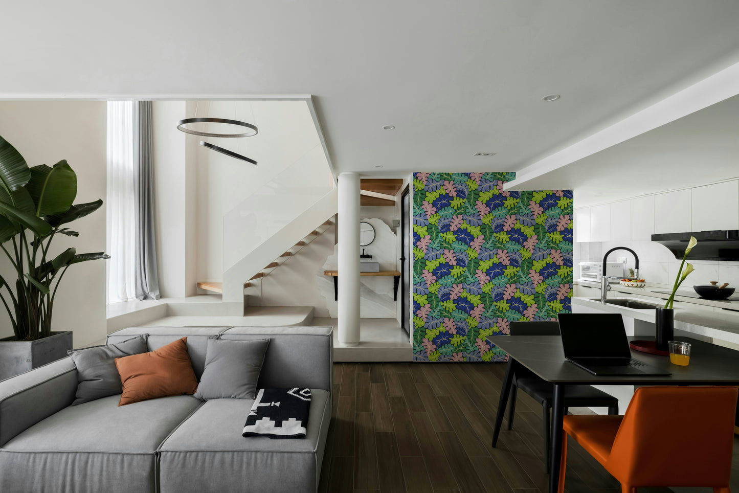 The image shows a flowing, rhythmic pattern of leaves.

