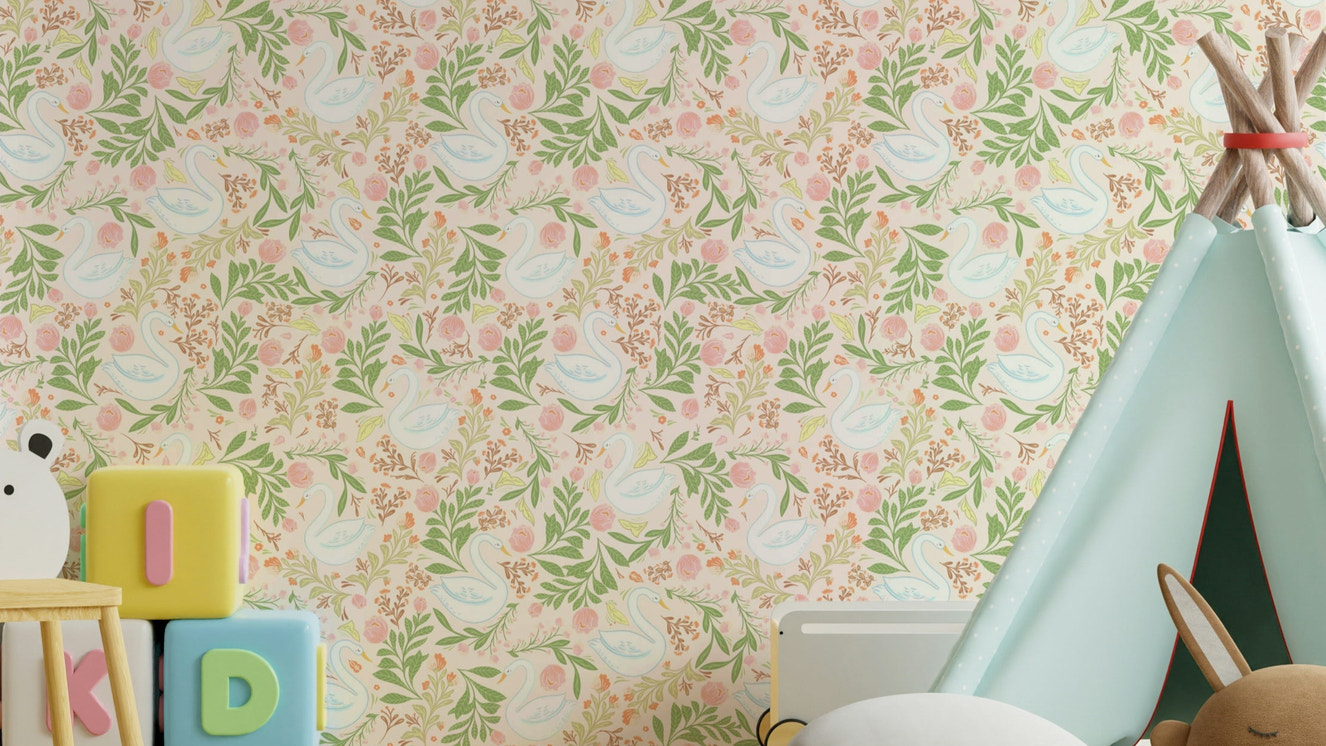 A wallpaper design with swans and floral patterns.

